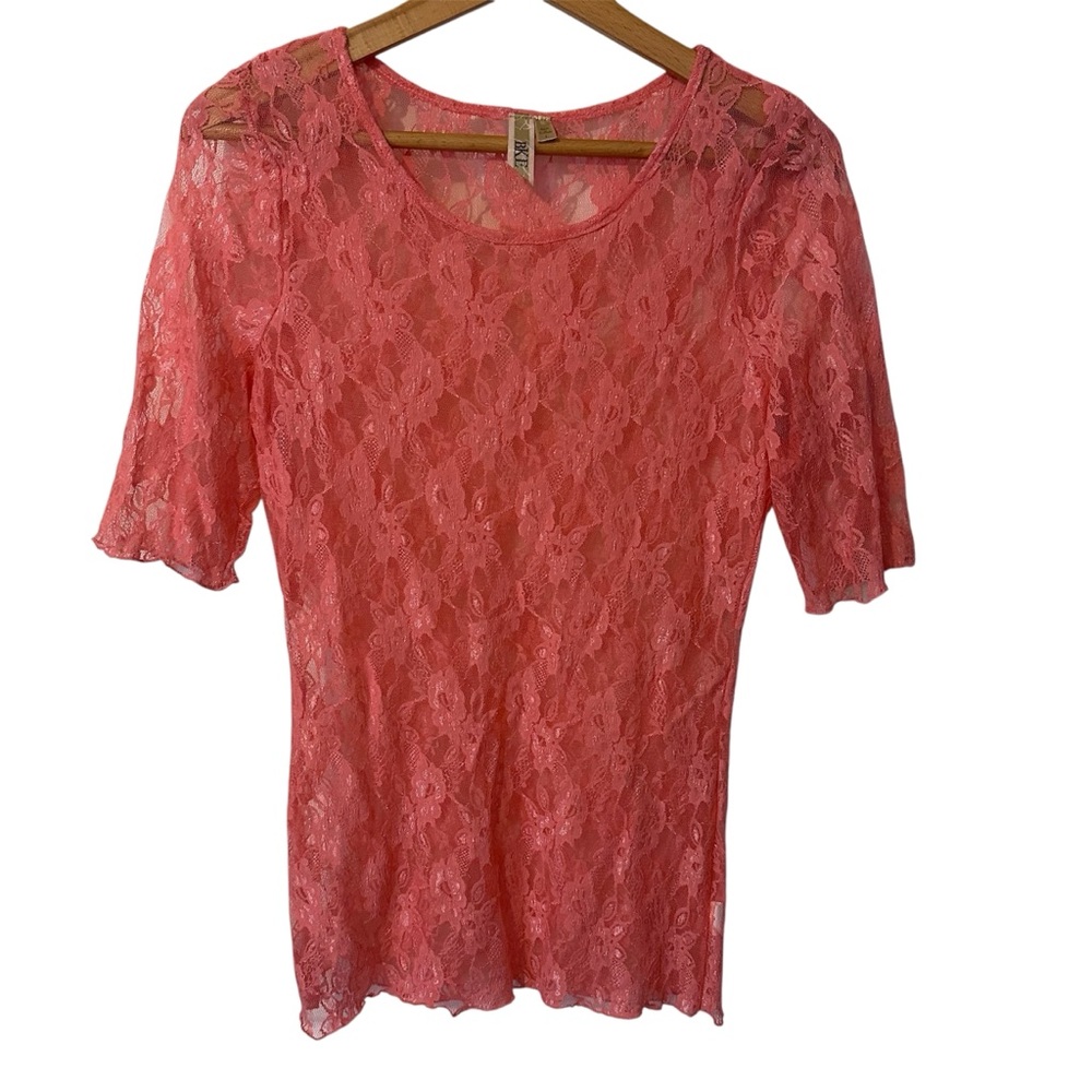 BKE Coral Pink Floral Lace Short Sleeve Top Sheer Layering Blouse Size L